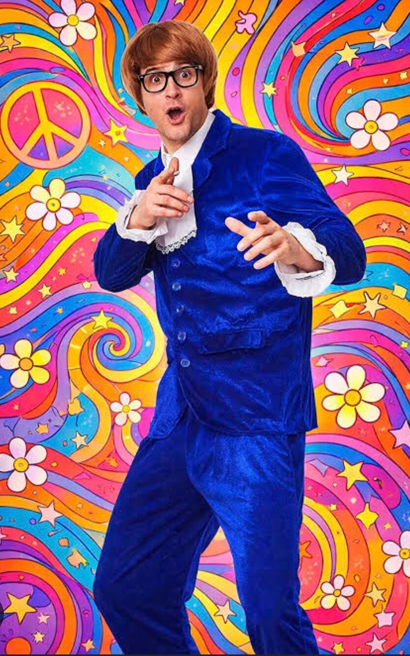 Y2K vintage Austin Powers costume Blue blazer Attached Lace Trim Cuffs and pant